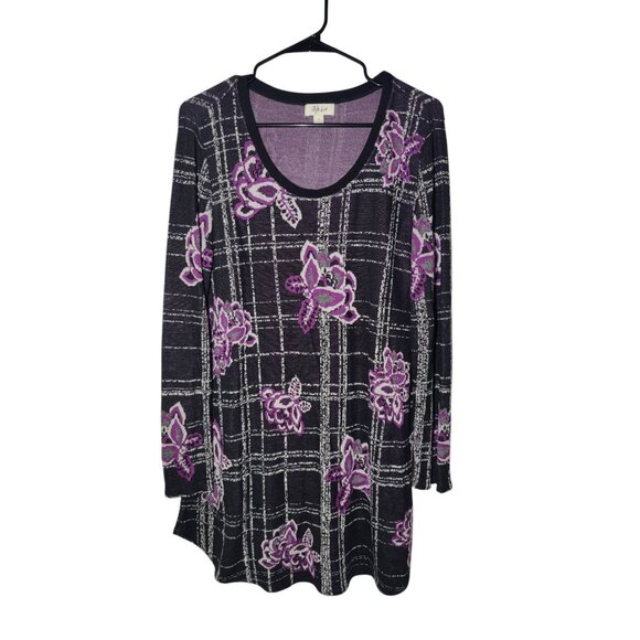 Style & Co Knit Long Sleeve Scoop Neck Purple Black Floral Tunic Top M - Picture 1 of 5